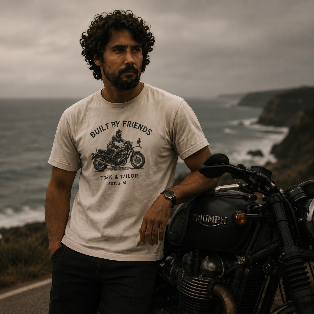 Heavyweight tee by a classic motorcycle